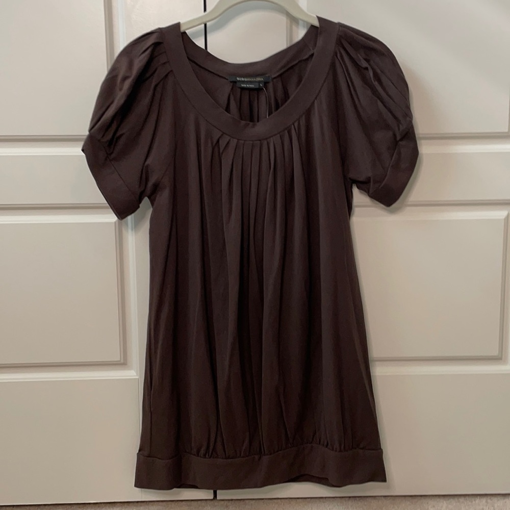 BCBG short sleeve pleated top chocolate brown NWT